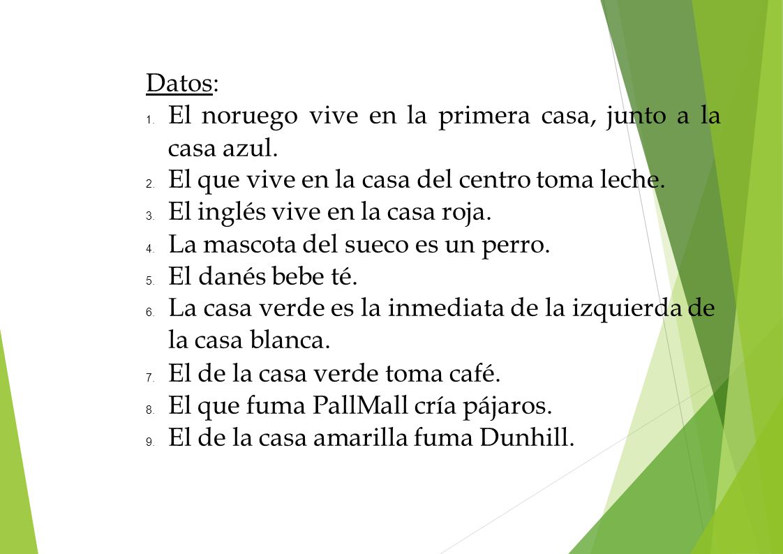 Datos: 1. El noruego vive en la primera casa, junto a la casa azul.