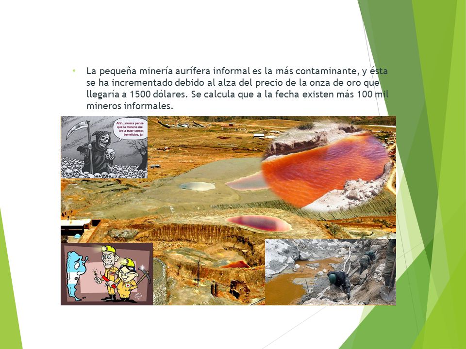 La pequeña minería aurífera informal es la más contaminante, y ésta se ha incrementado debido al alza del precio de la onza de oro que llegaría a 1500 dólares.
