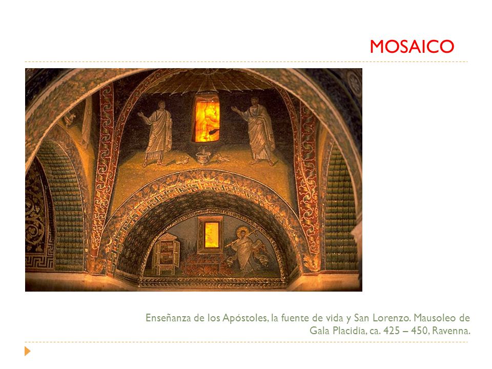 MOSAICO Enseñanza de los Apóstoles, la fuente de vida y San Lorenzo.
