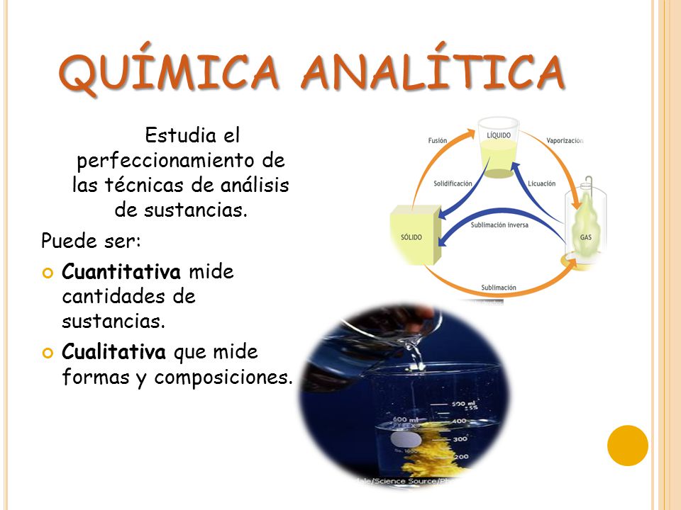 química analítica Estudia el perfeccionamiento de las técnicas de análisis de sustancias. Puede ser: