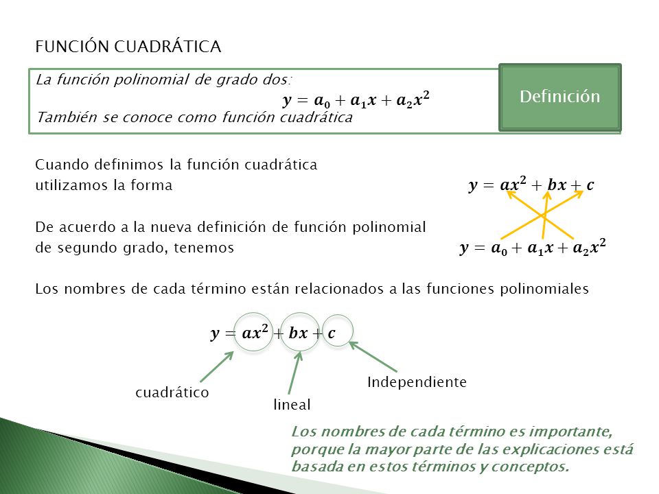 FUNCIÓN CUADRÁTICA Definición 𝒚=𝒂𝟎+𝒂𝟏𝒙+𝒂𝟐 𝒙 𝟐 𝒚=𝒂 𝒙 𝟐 +𝒃𝒙+𝒄
