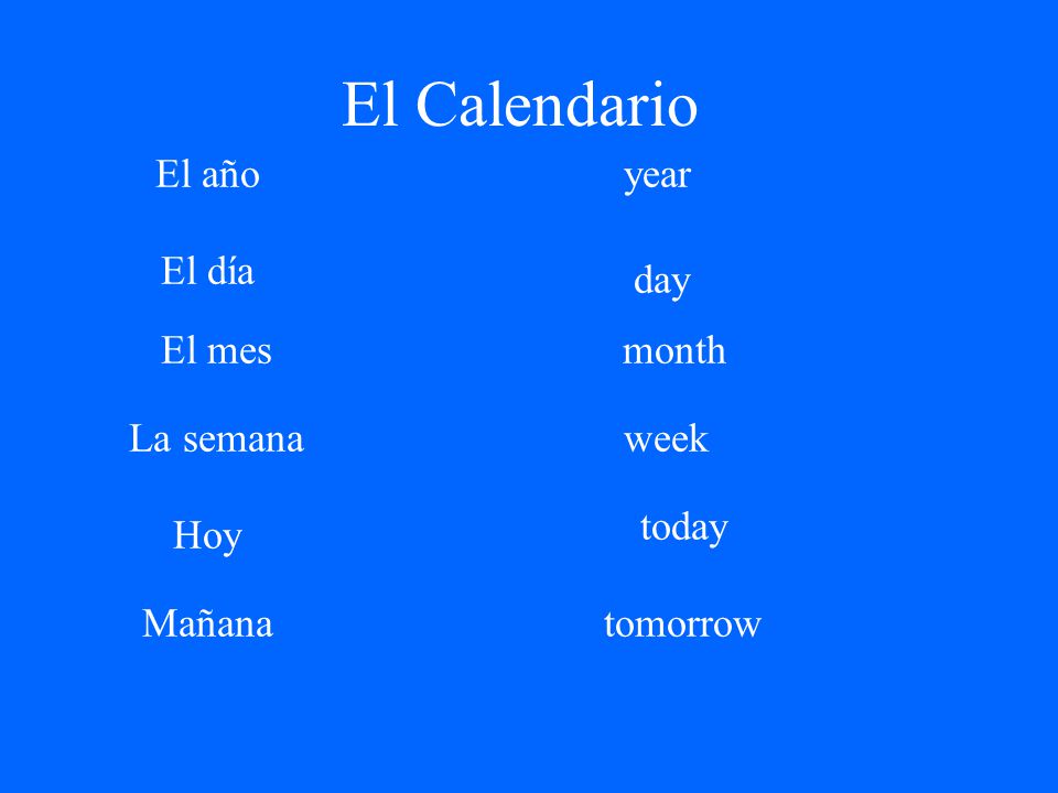 El Calendario El año year El día day El mes month La semana week today