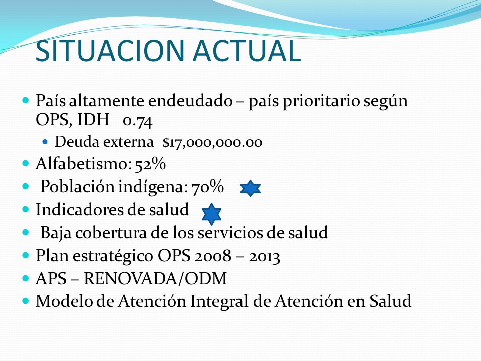 SITUACION ACTUAL País altamente endeudado – país prioritario según OPS, IDH Deuda externa $17,000,