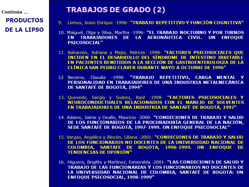 TRABAJOS DE GRADO (2) PRODUCTOS DE LA LIPSO Continúa …