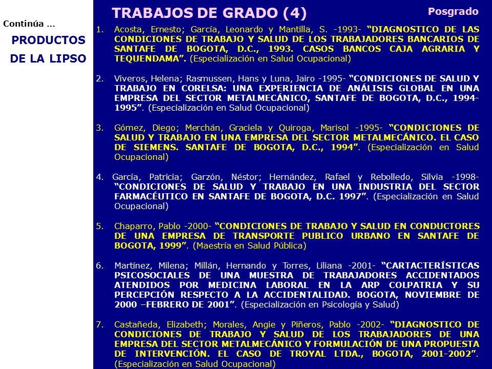 TRABAJOS DE GRADO (4) PRODUCTOS DE LA LIPSO Posgrado Continúa …