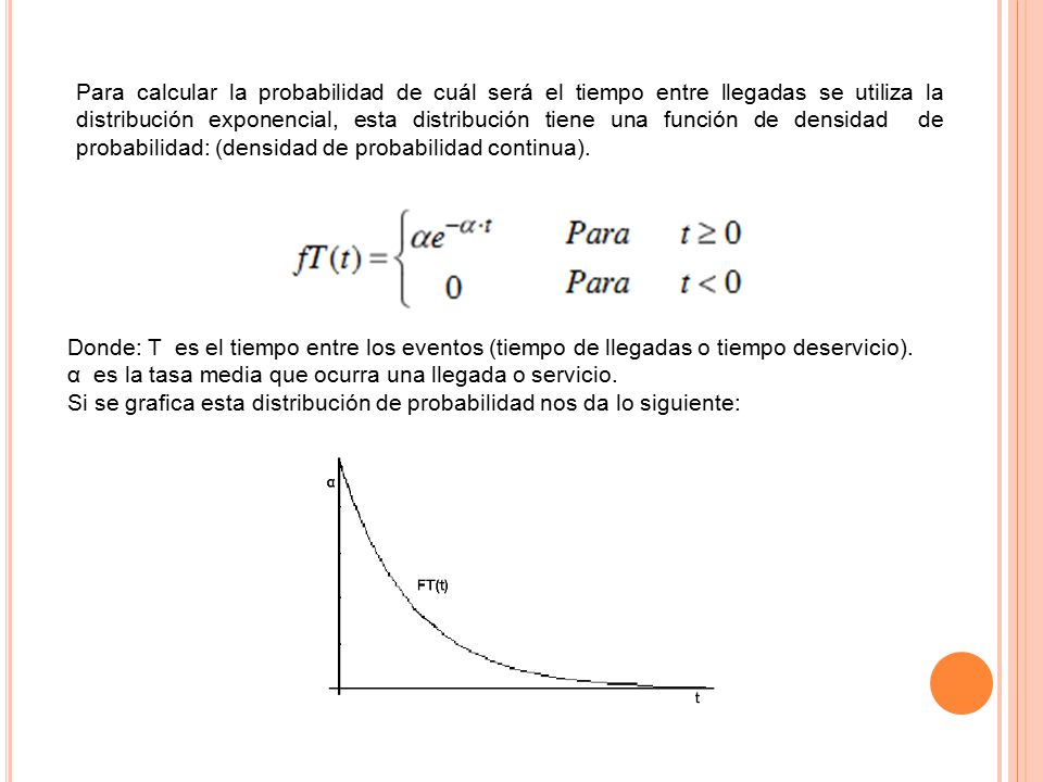 Para calcular la probabilidad de cuál será el tiempo entre llegadas se utiliza la distribución exponencial, esta distribución tiene una función de densidad de probabilidad: (densidad de probabilidad continua).
