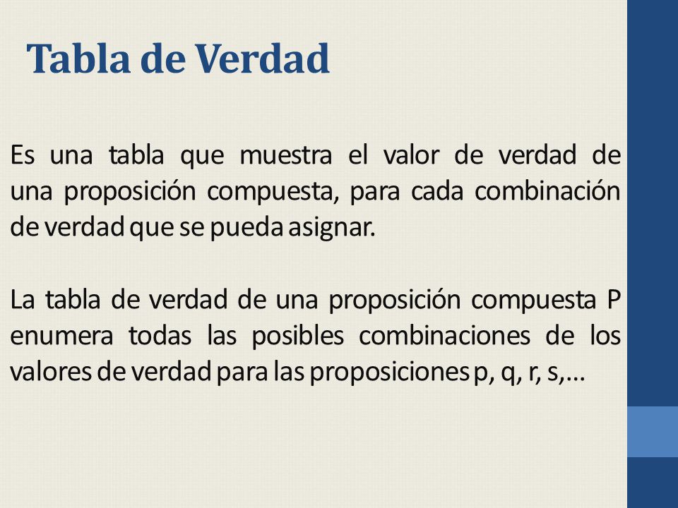 Tabla de Verdad Es una tabla que muestra el valor de verdad de una proposición compuesta, para cada combinación de verdad que se pueda asignar.