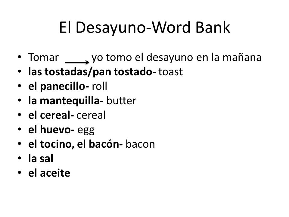 El Desayuno-Word Bank Tomar yo tomo el desayuno en la mañana