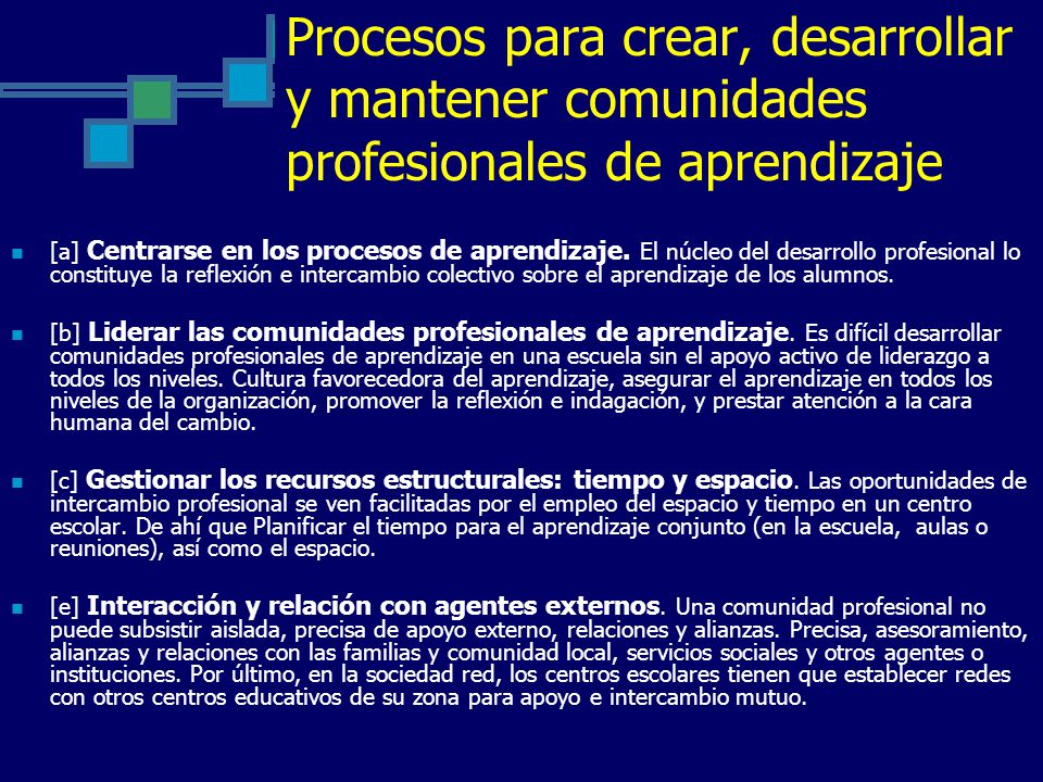 Procesos para crear, desarrollar y mantener comunidades profesionales de aprendizaje