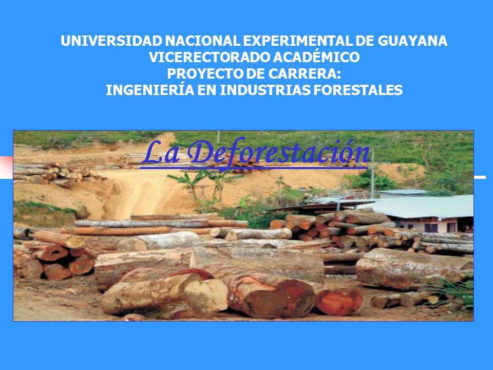 UNIVERSIDAD NACIONAL EXPERIMENTAL DE GUAYANA VICERECTORADO ACADÉMICO PROYECTO DE CARRERA: INGENIERÍA EN INDUSTRIAS FORESTALES La Deforestación