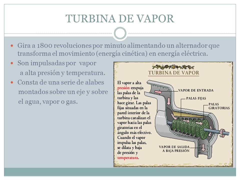 TURBINA DE VAPOR Gira a 1800 revoluciones por minuto alimentando un alternador que transforma el movimiento (energía cinética) en energía eléctrica.