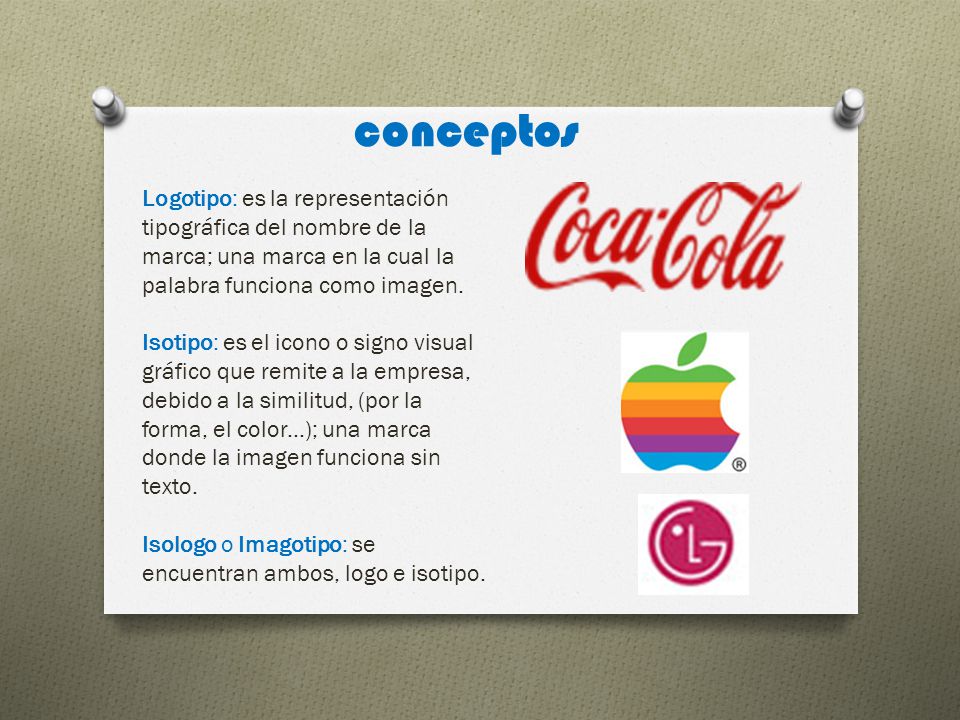conceptos Logotipo: es la representación tipográfica del nombre de la marca; una marca en la cual la palabra funciona como imagen.