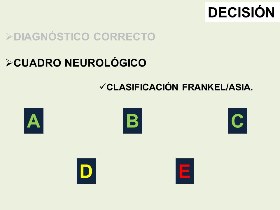 A B C D E DECISIÓN DIAGNÓSTICO CORRECTO CUADRO NEUROLÓGICO