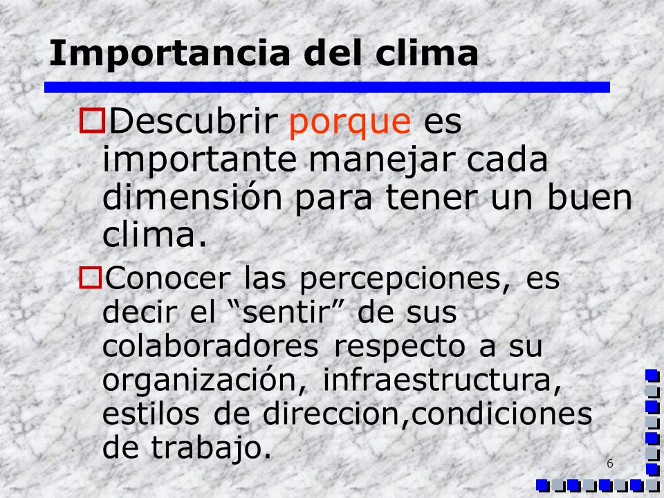 Importancia del clima Descubrir porque es importante manejar cada dimensión para tener un buen clima.