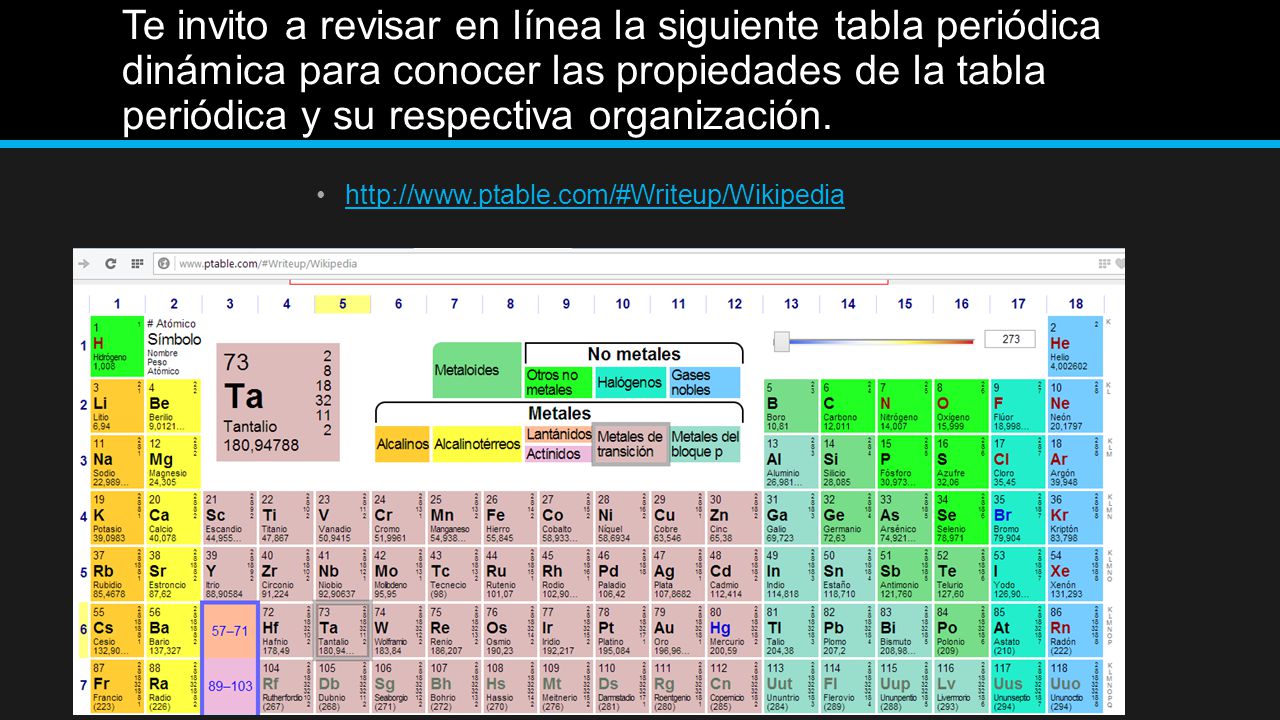 Te invito a revisar en línea la siguiente tabla periódica dinámica para conocer las propiedades de la tabla periódica y su respectiva organización.