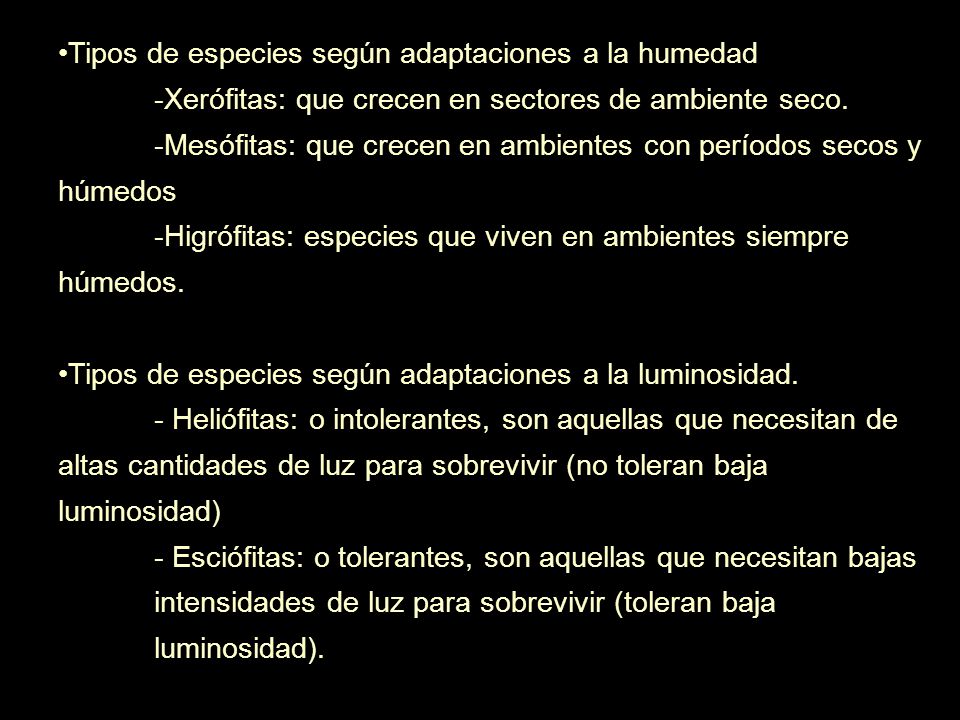 Tipos de especies según adaptaciones a la humedad