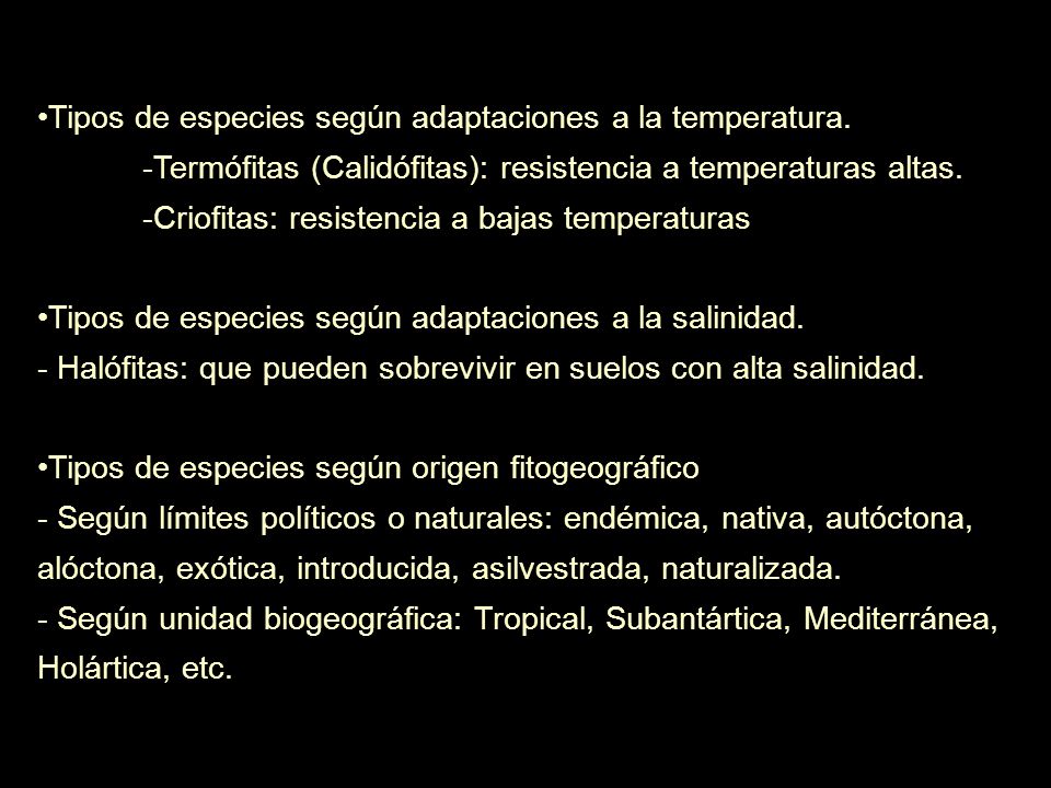 Tipos de especies según adaptaciones a la temperatura.
