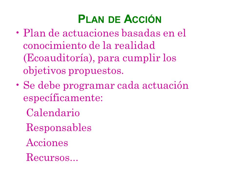 Plan de Acción Plan de actuaciones basadas en el conocimiento de la realidad (Ecoauditoría), para cumplir los objetivos propuestos.