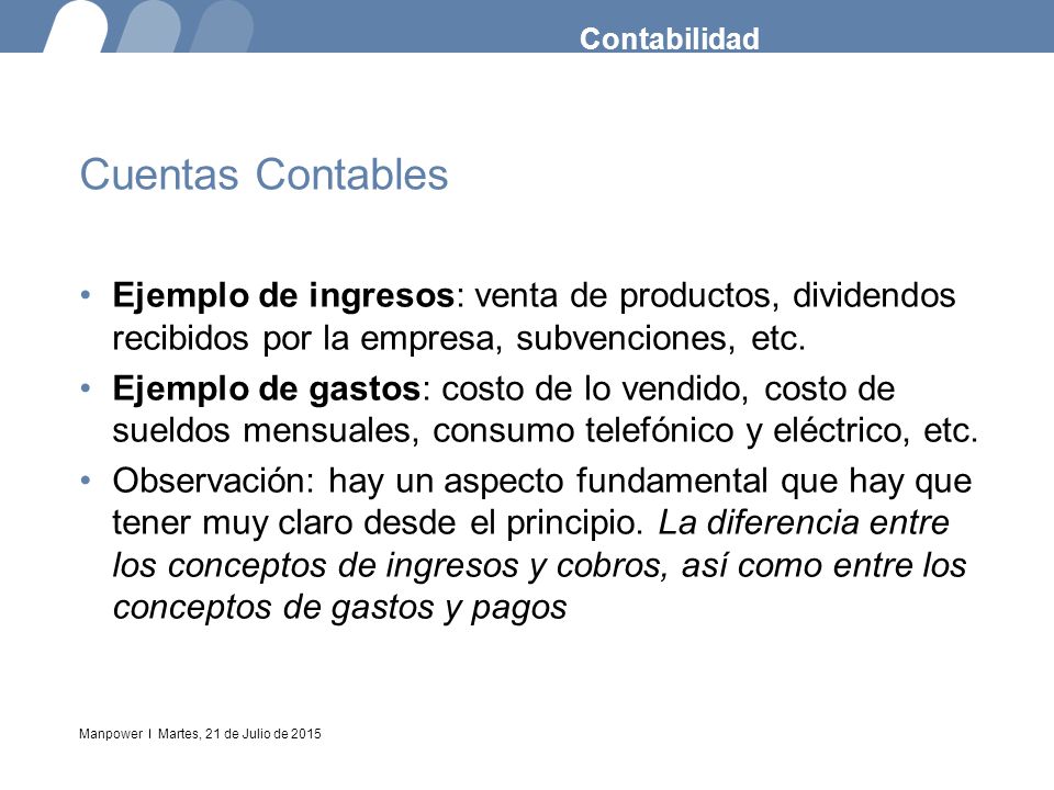 Contabilidad Cuentas Contables. Ejemplo de ingresos: venta de productos, dividendos recibidos por la empresa, subvenciones, etc.