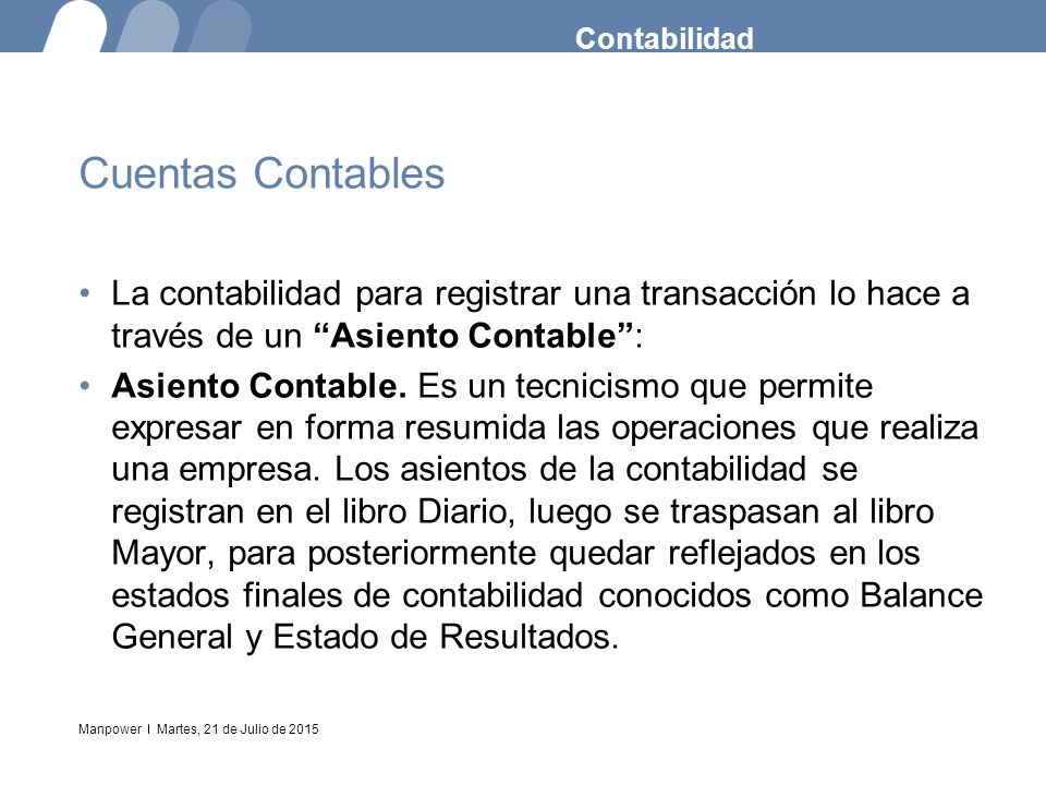 Contabilidad Cuentas Contables. La contabilidad para registrar una transacción lo hace a través de un Asiento Contable :