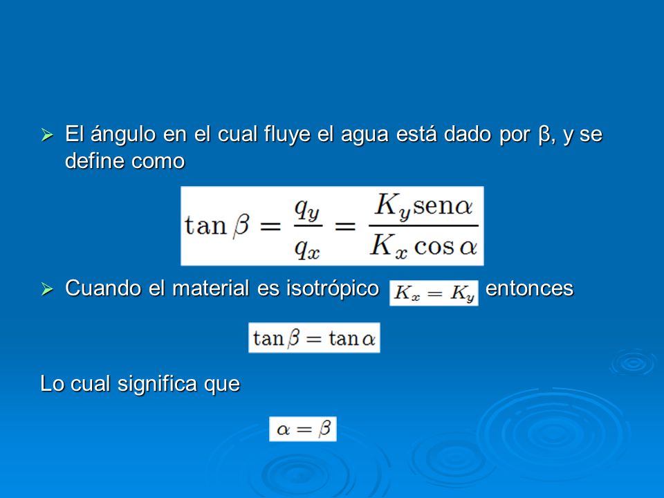 El ángulo en el cual fluye el agua está dado por β, y se define como