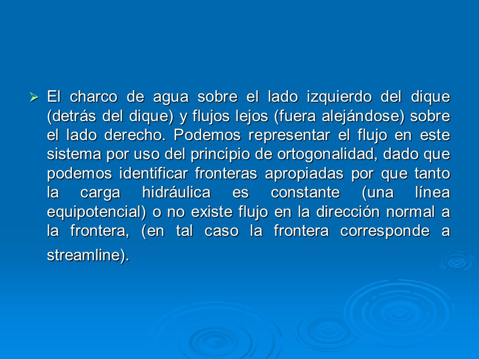 El charco de agua sobre el lado izquierdo del dique (detrás del dique) y flujos lejos (fuera alejándose) sobre el lado derecho.