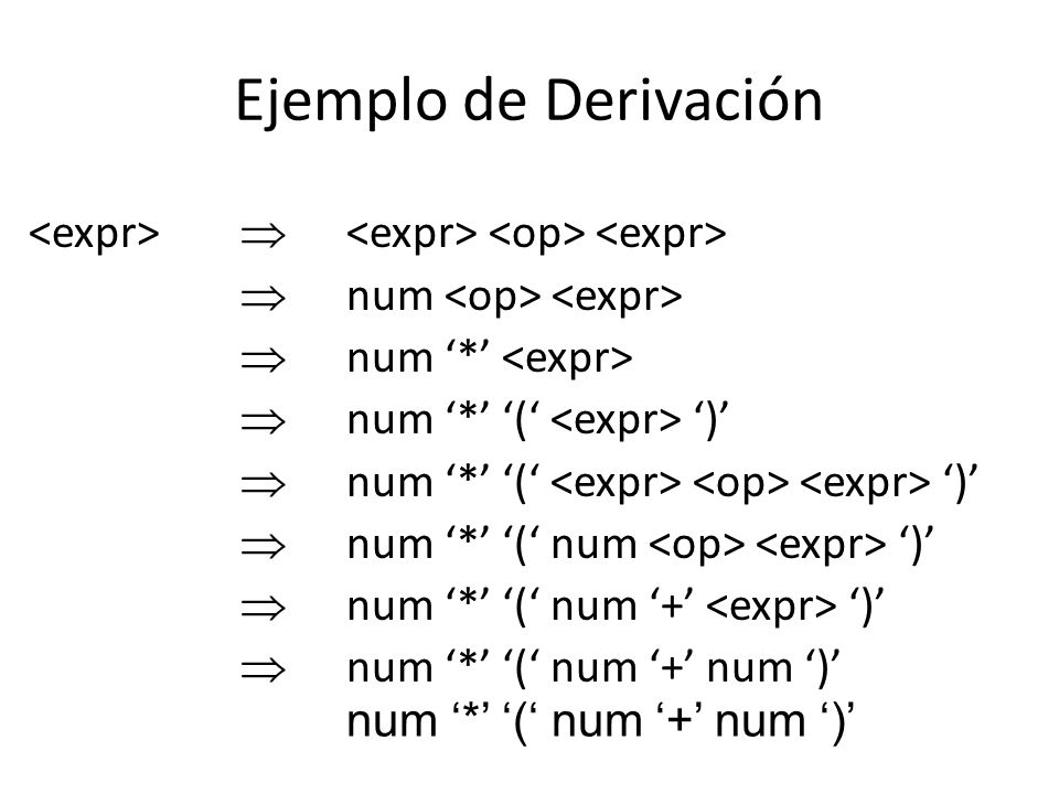 Ejemplo de Derivación <expr>  <expr> <op> <expr>  num <op> <expr>  num ‘*’ <expr>  num ‘*’ ‘(‘ <expr> ‘)’