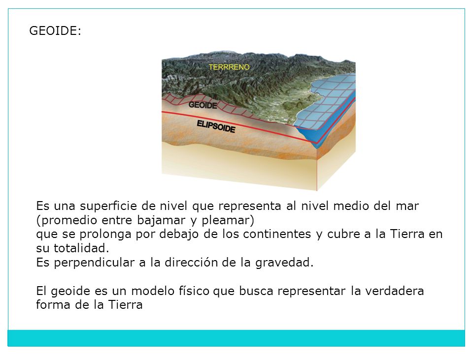 GEOIDE: Es una superficie de nivel que representa al nivel medio del mar. (promedio entre bajamar y pleamar)