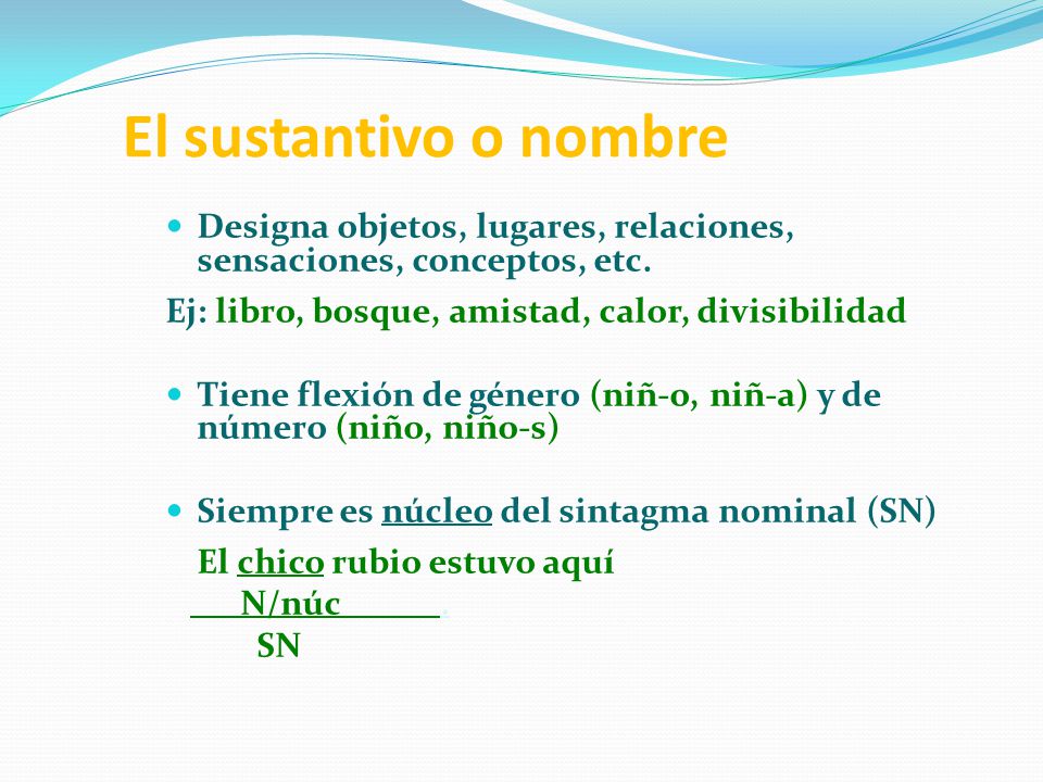 El sustantivo o nombre Designa objetos, lugares, relaciones, sensaciones, conceptos, etc. Ej: libro, bosque, amistad, calor, divisibilidad.