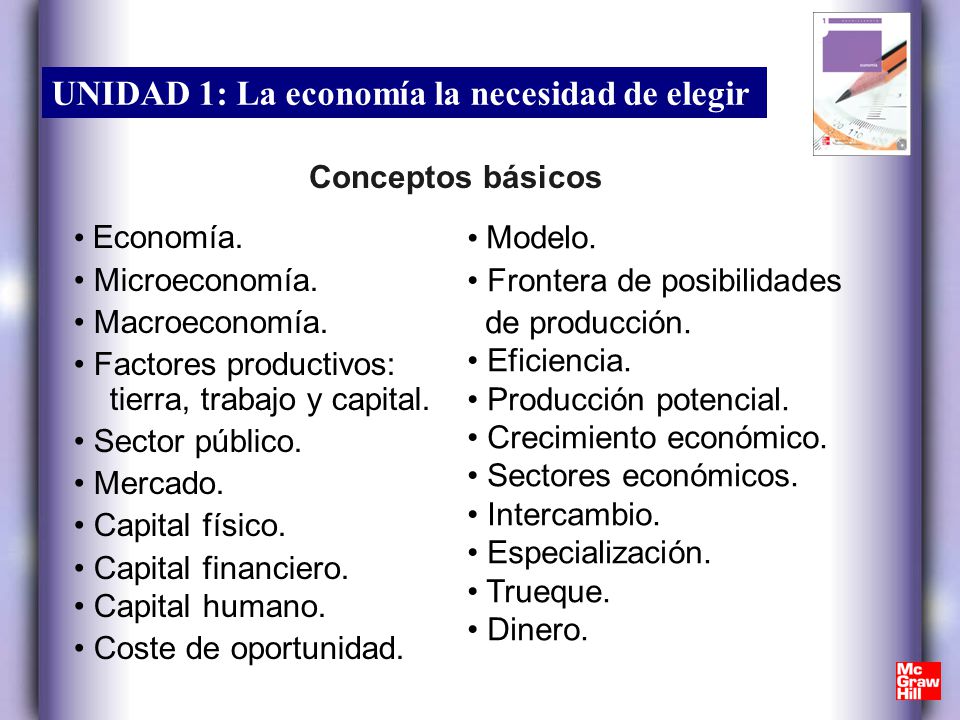 Conceptos básicos • Economía. • Microeconomía. • Macroeconomía. • Factores productivos: tierra, trabajo y capital.