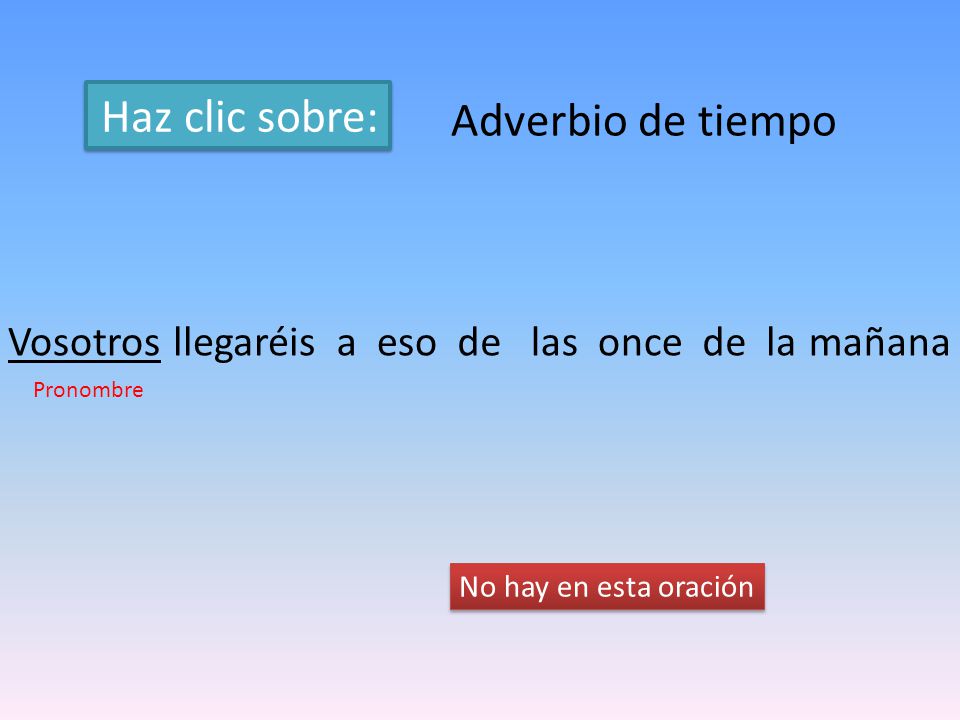 Haz clic sobre: Adverbio de tiempo Vosotros llegaréis a eso de las