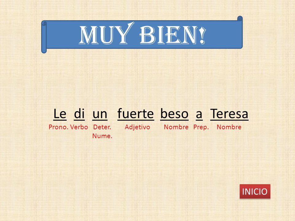 MUY BIEN! Le di un fuerte beso a Teresa INICIO Prono. Verbo Deter.