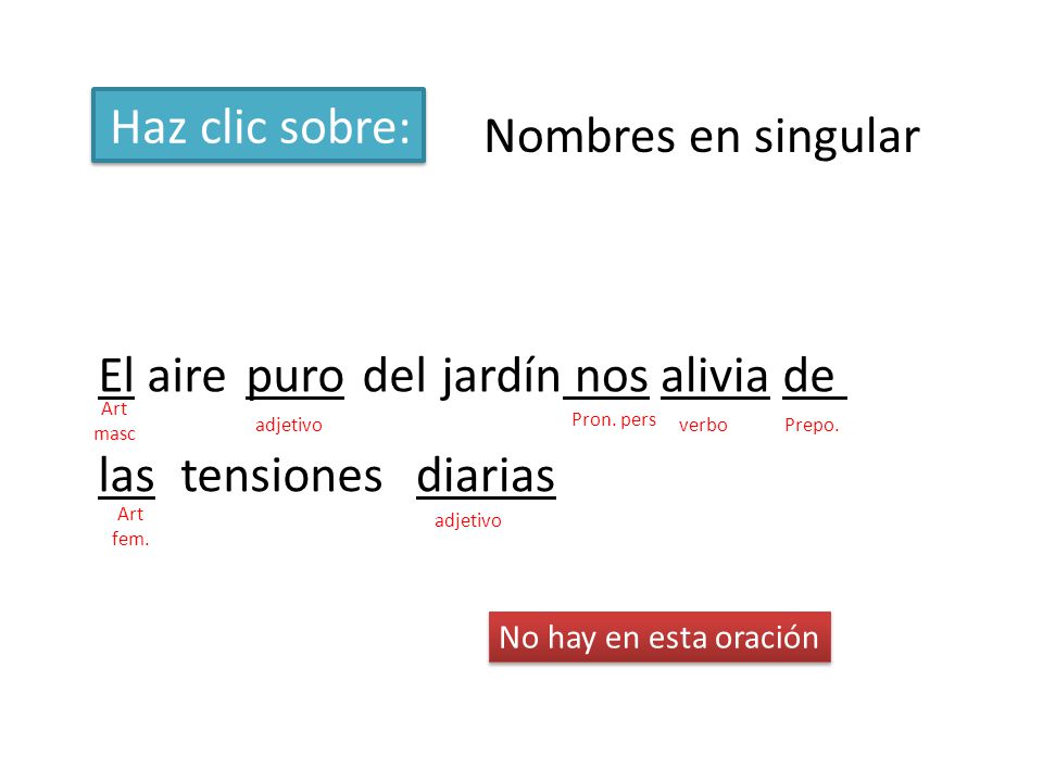 Haz clic sobre: Nombres en singular El aire puro del jardín nos alivia