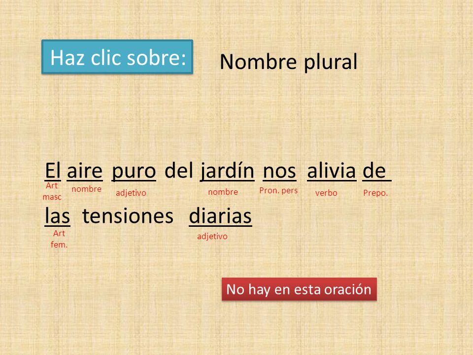 Haz clic sobre: Nombre plural El aire puro del jardín nos alivia de