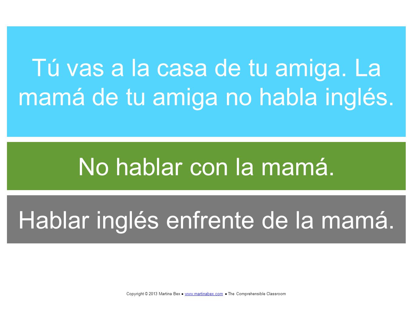 Tú vas a la casa de tu amiga. La mamá de tu amiga no habla inglés.