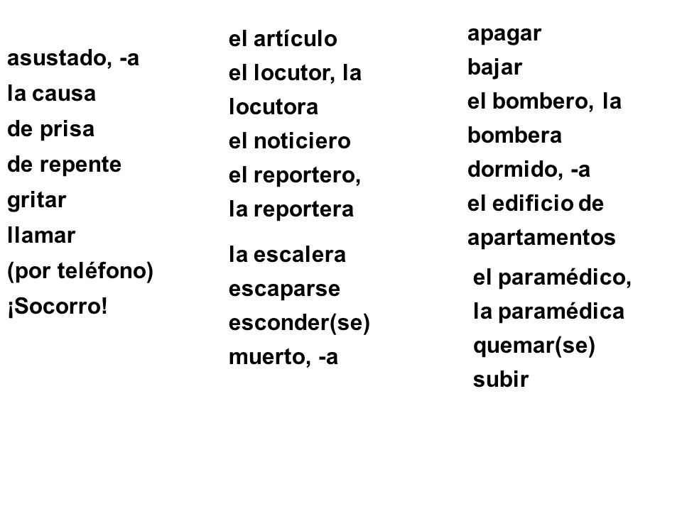 asustado, -a la causa. de prisa. de repente. gritar. llamar. (por teléfono) ¡Socorro! apagar.
