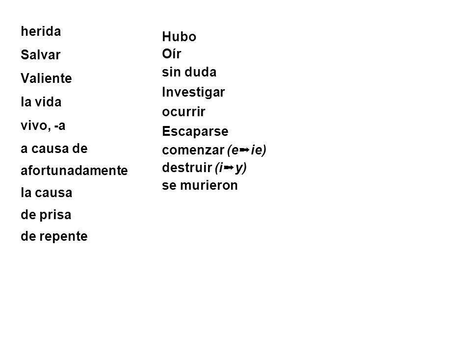 herida Salvar. Valiente. la vida. vivo, -a. a causa de. afortunadamente. la causa. de prisa.