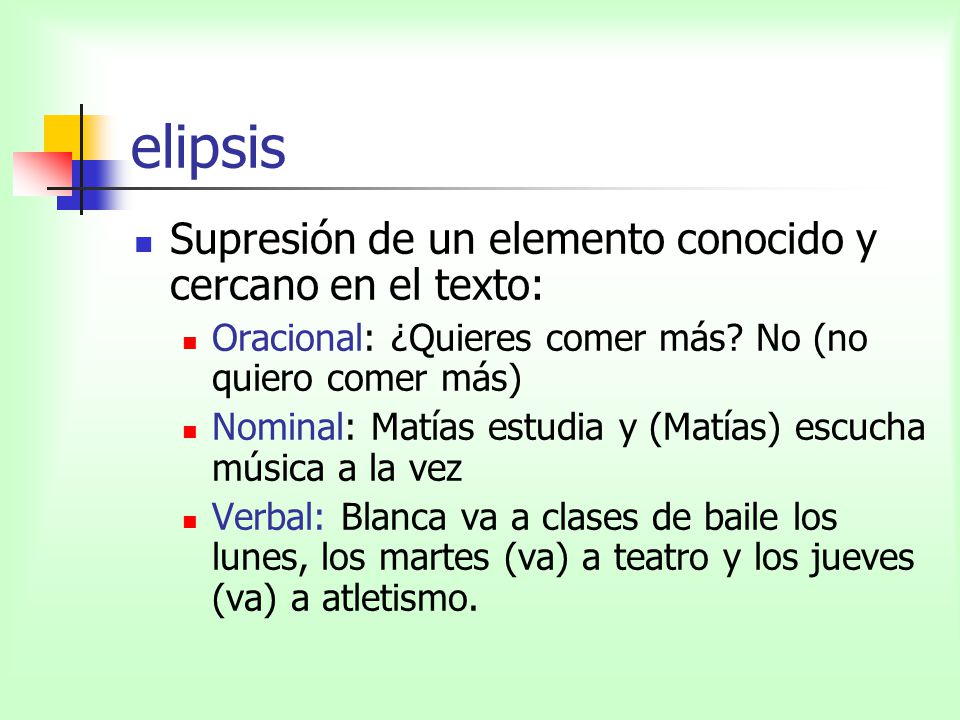 elipsis Supresión de un elemento conocido y cercano en el texto: