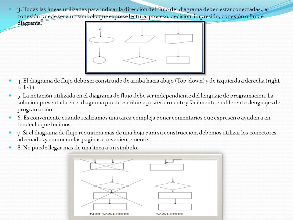 3. Todas las líneas utilizadas para indicar la dirección del flujo del diagrama deben estar conectadas. la conexión puede ser a un símbolo que exprese lectura, proceso, decisión, impresión, conexión o fin de diagrama.