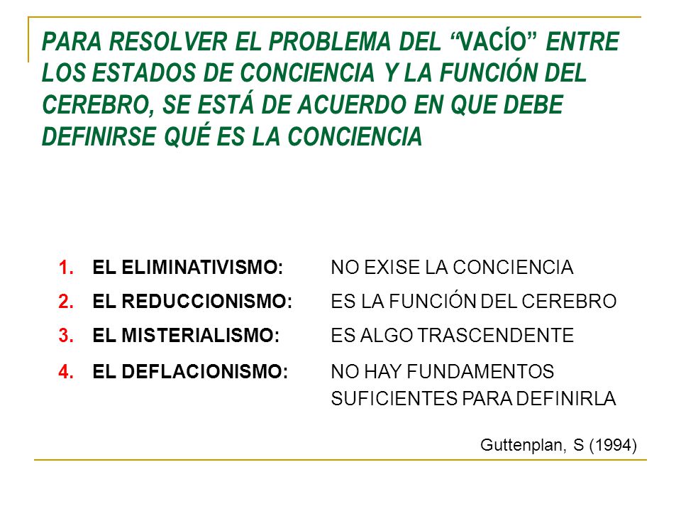 PARA RESOLVER EL PROBLEMA DEL VACÍO ENTRE LOS ESTADOS DE CONCIENCIA Y LA FUNCIÓN DEL CEREBRO, SE ESTÁ DE ACUERDO EN QUE DEBE DEFINIRSE QUÉ ES LA CONCIENCIA