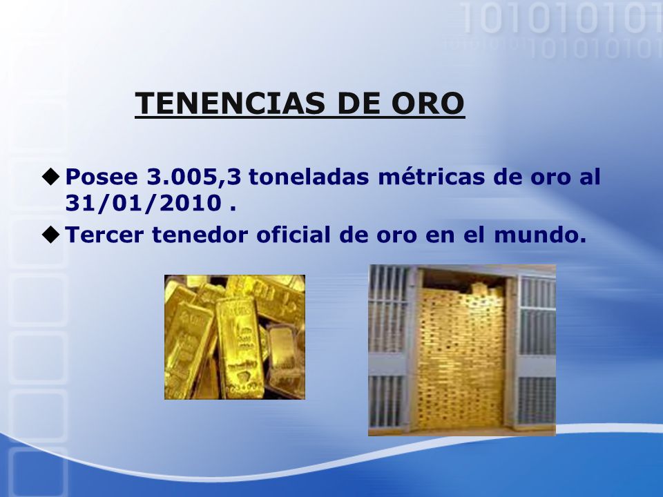 TENENCIAS DE ORO Posee 3.005,3 toneladas métricas de oro al 31/01/2010 .