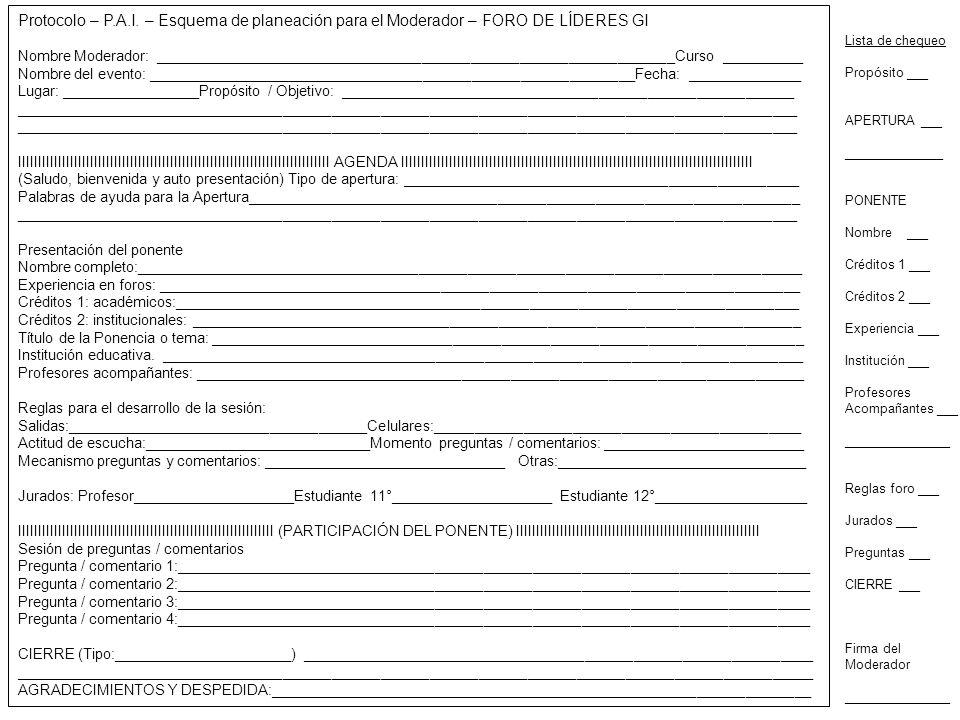 Protocolo – P.A.I. – Esquema de planeación para el Moderador – FORO DE LÍDERES GI