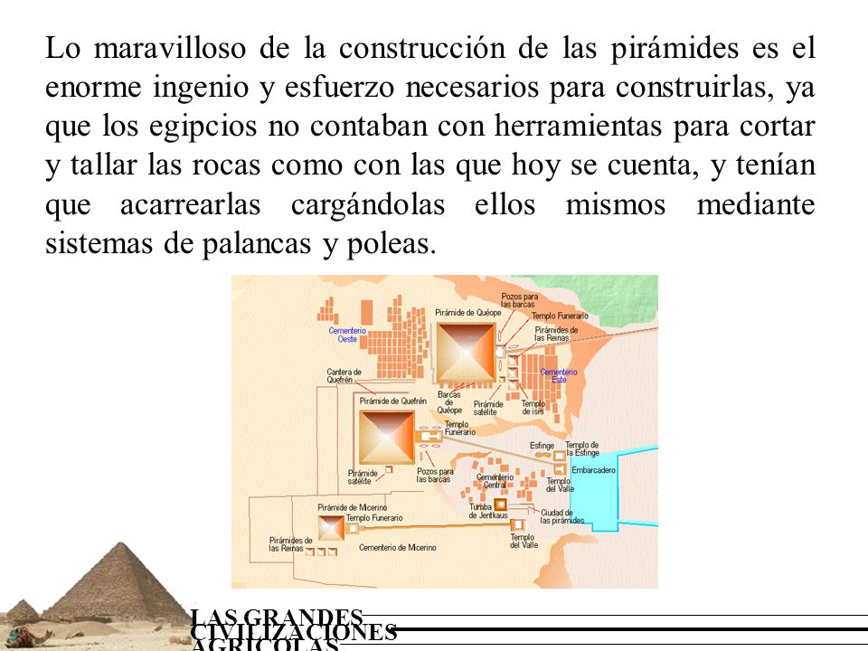 Lo maravilloso de la construcción de las pirámides es el enorme ingenio y esfuerzo necesarios para construirlas, ya que los egipcios no contaban con herramientas para cortar y tallar las rocas como con las que hoy se cuenta, y tenían que acarrearlas cargándolas ellos mismos mediante sistemas de palancas y poleas.