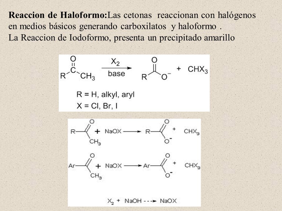 Reaccion de Haloformo:Las cetonas reaccionan con halógenos en medios básicos generando carboxilatos y haloformo .