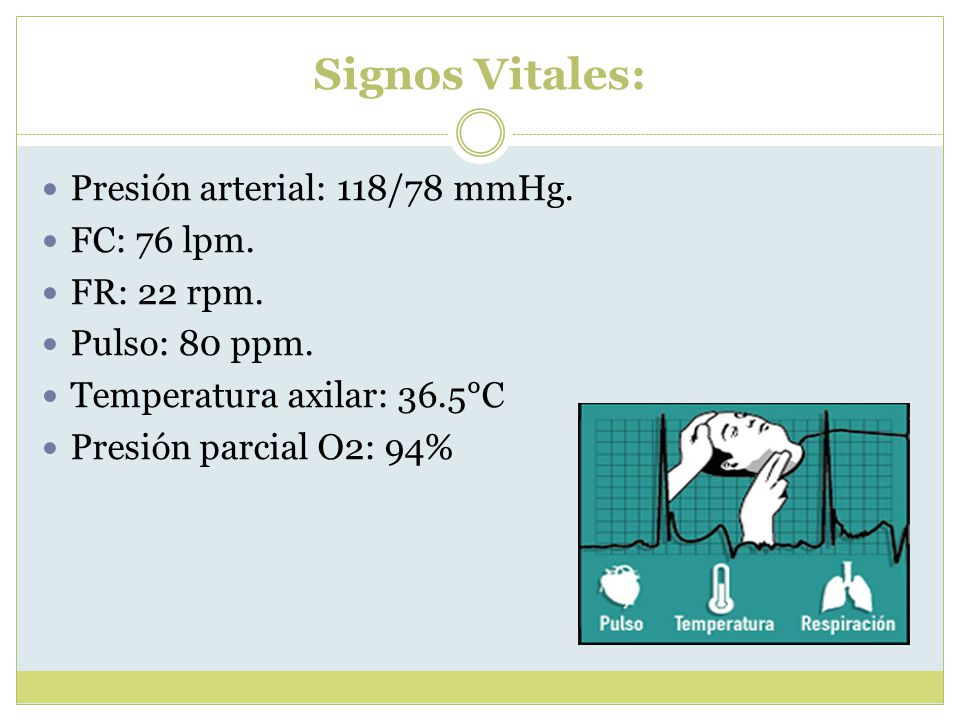 Signos Vitales: Presión arterial: 118/78 mmHg. FC: 76 lpm. FR: 22 rpm.