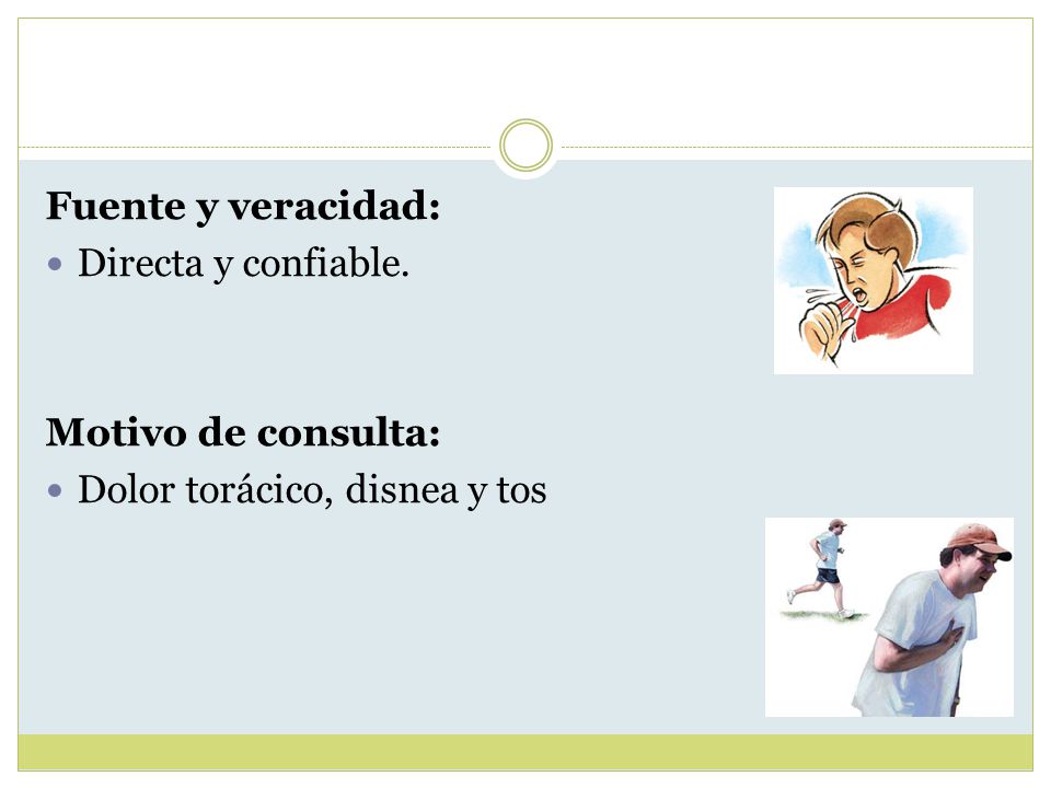 Fuente y veracidad: Directa y confiable. Motivo de consulta: Dolor torácico, disnea y tos