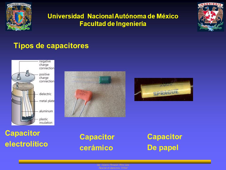 Tipos de capacitores Capacitor electrolítico Capacitor cerámico Capacitor De papel