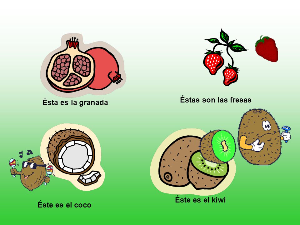 Éstas son las fresas Ésta es la granada Éste es el kiwi Éste es el coco