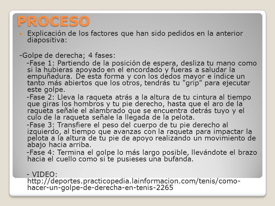 PROCESO Explicación de los factores que han sido pedidos en la anterior diapositiva: -Golpe de derecha; 4 fases:
