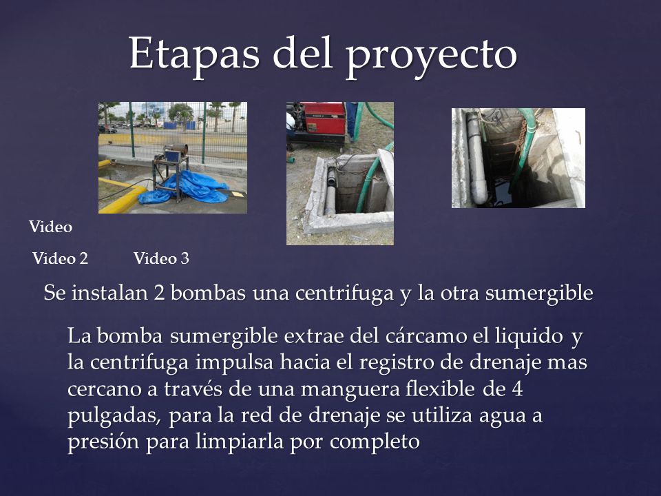 Etapas del proyecto Video. Video 2. Video 3. Se instalan 2 bombas una centrifuga y la otra sumergible.